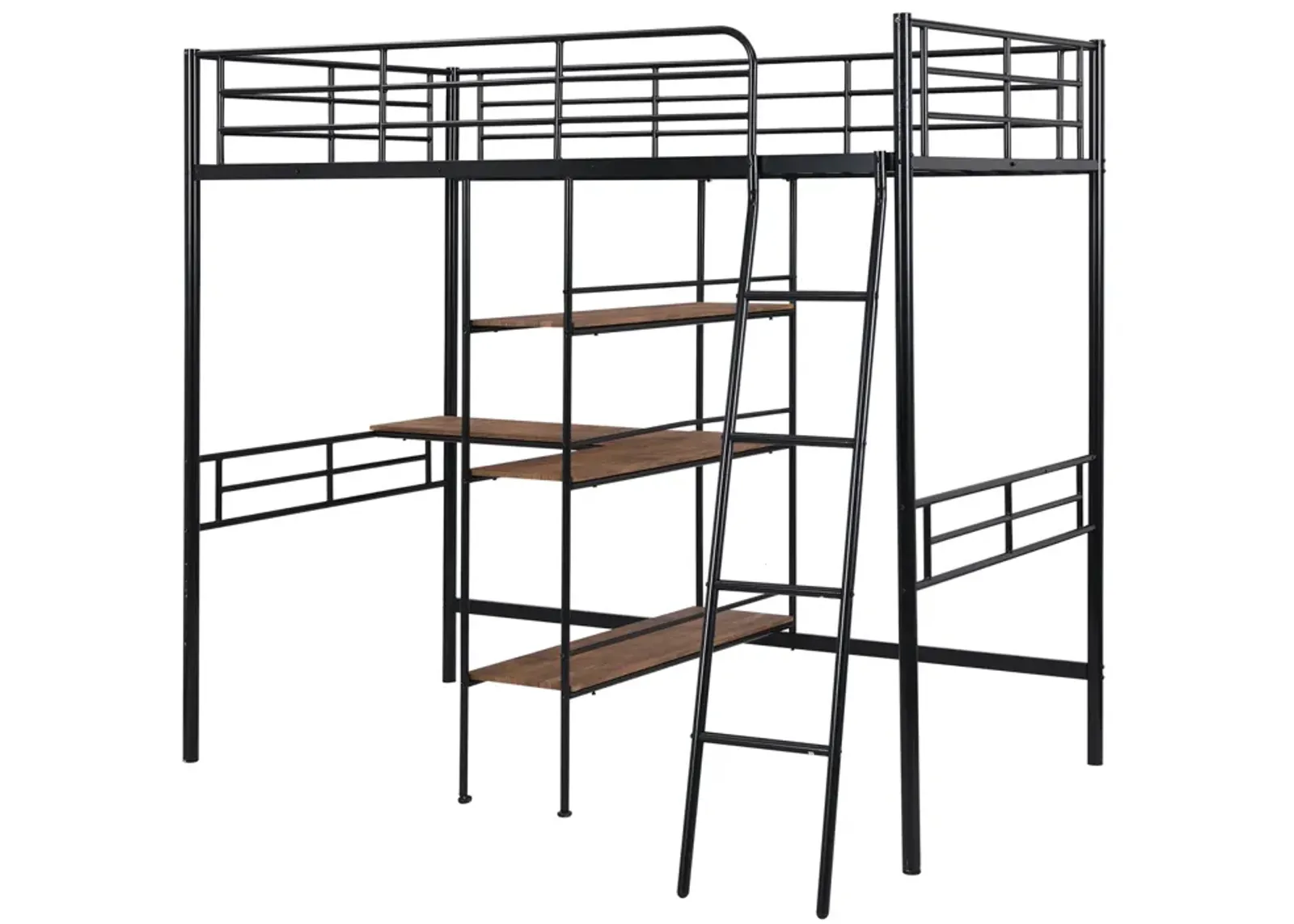 Twin Size Metal Loft Bed and Built-in Desk and Shelves