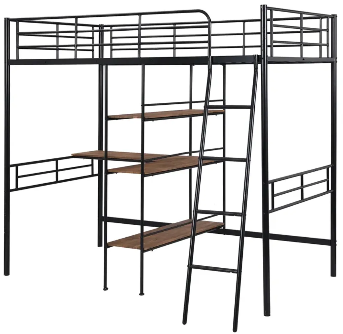 Twin Size Metal Loft Bed and Built-in Desk and Shelves