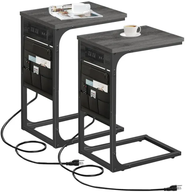 TUTOTAK C Shaped End Table with Charging Station, Side Table for Sofa, Couch Table with Storage Bag, Set of 2, TV Tray Table wit