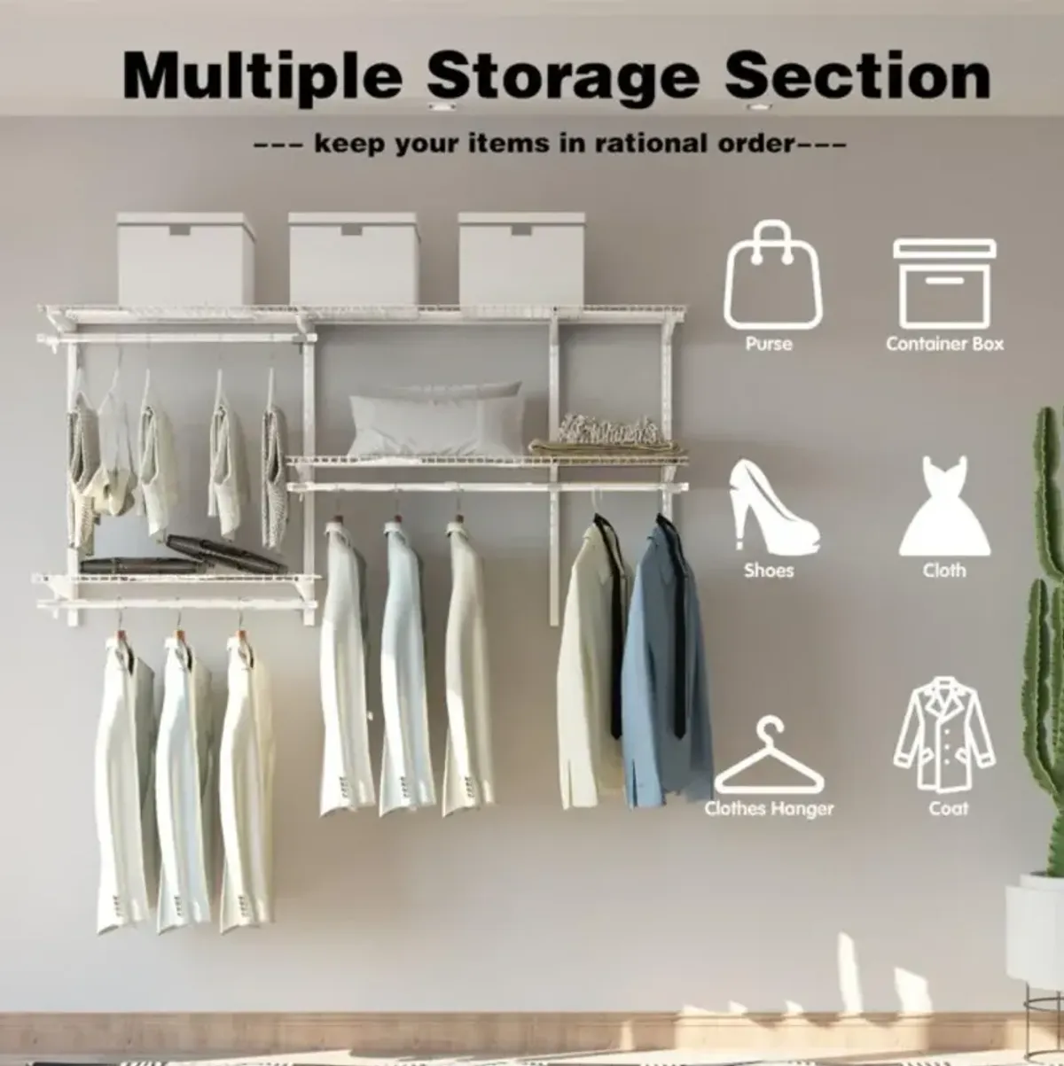 Custom Closet Organizer Kit 3 to 5 Feet Wall-Mounted Closet System with Hang Rod-White