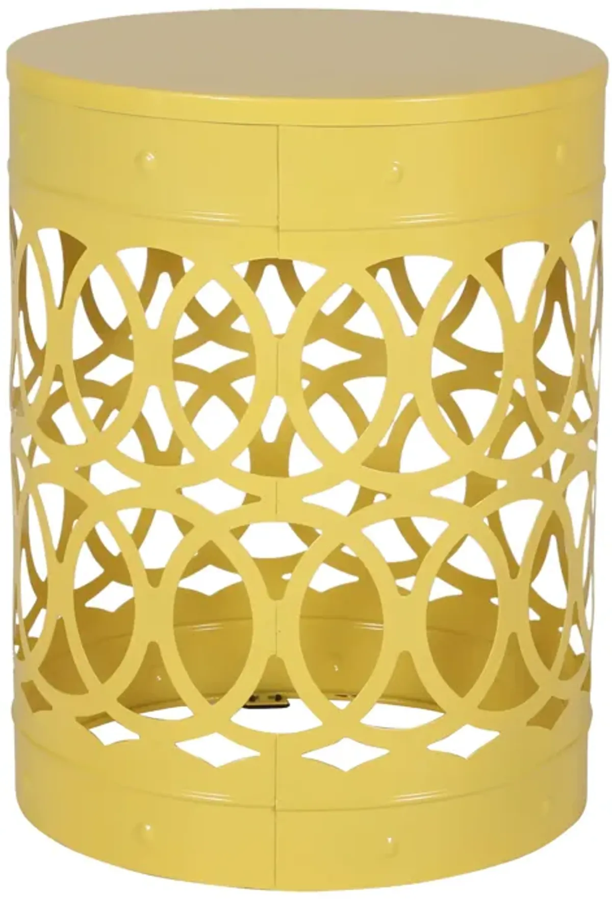 Kemo Outdoor End Table, Round 14 Inch, Cutout Design, Yellow Frame - Benzara