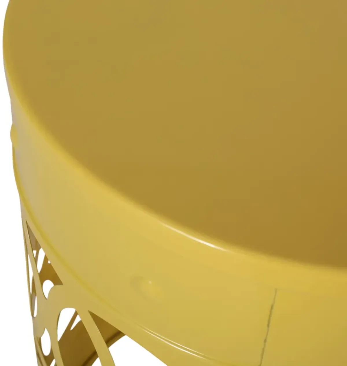 Kemo Outdoor End Table, Round 14 Inch, Cutout Design, Yellow Frame - Benzara