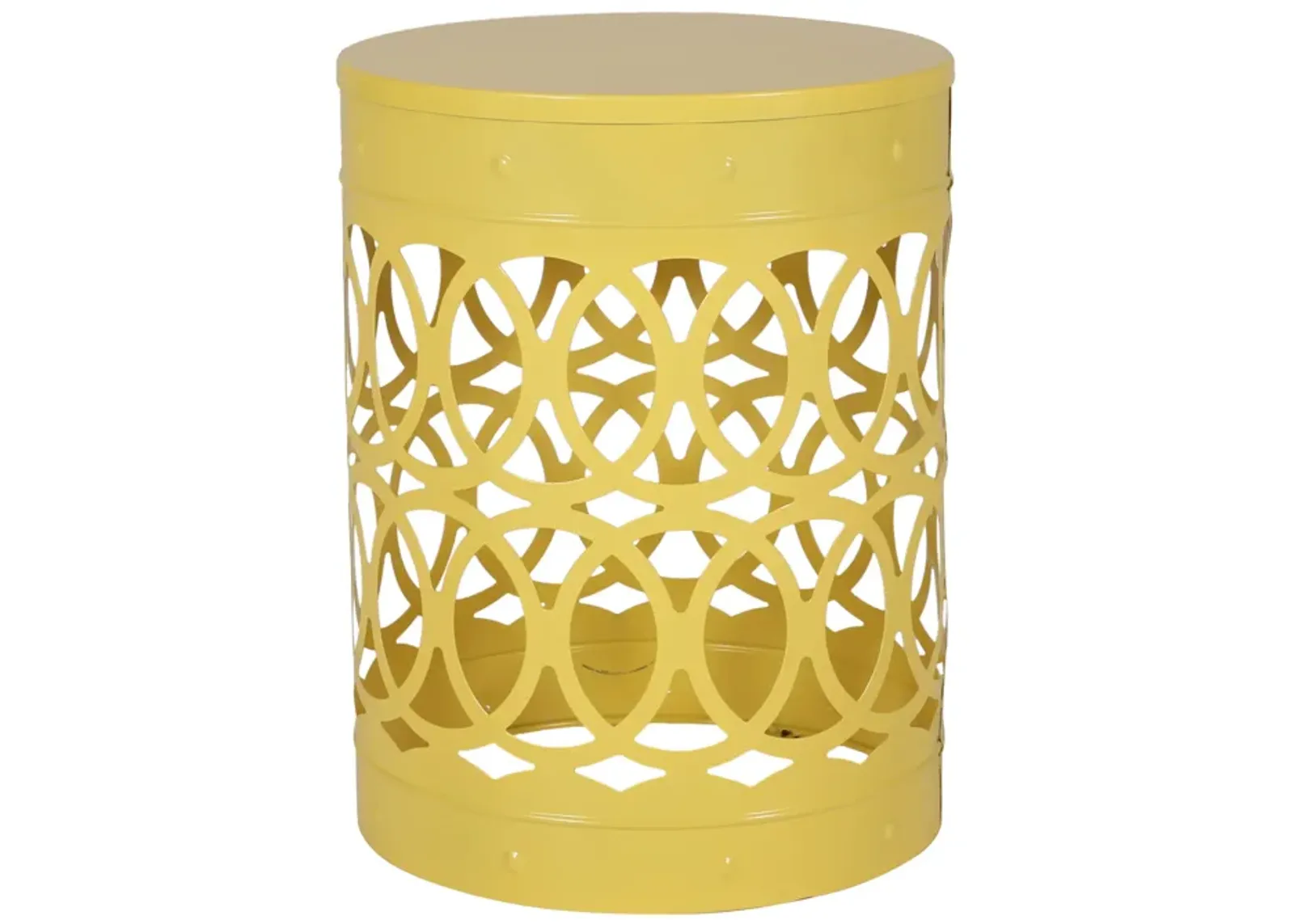 Kemo Outdoor End Table, Round 14 Inch, Cutout Design, Yellow Frame - Benzara