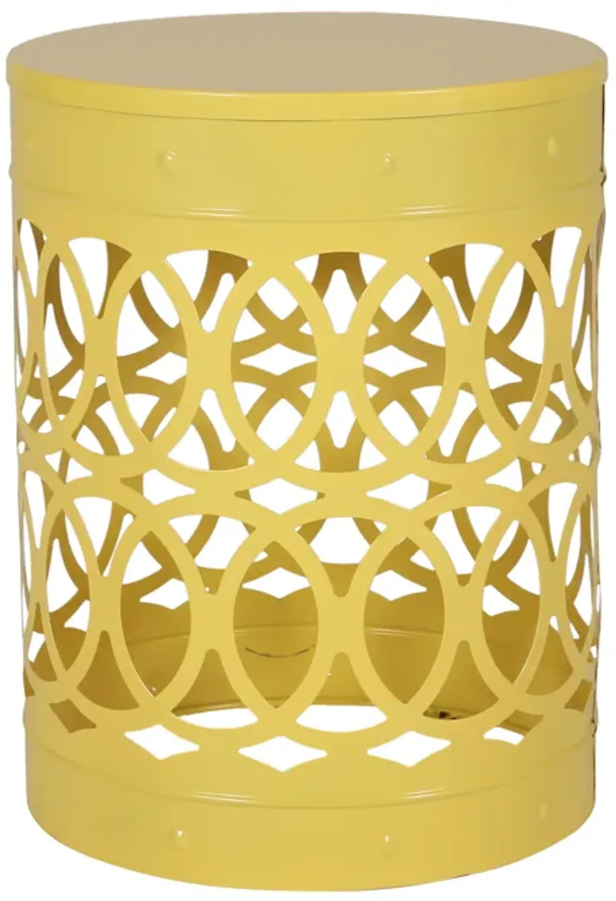 Kemo Outdoor End Table, Round 14 Inch, Cutout Design, Yellow Frame - Benzara