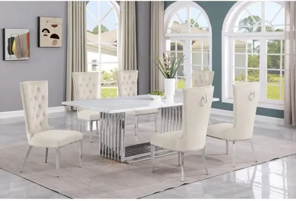 7pc Large(79") marble top dining set with silver base and 6 Cream side chairs