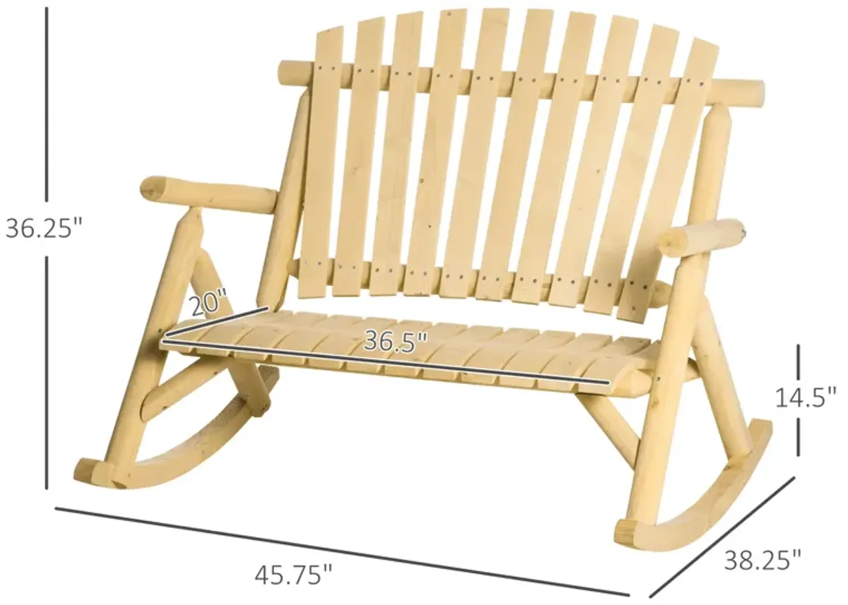 Outsunny Outdoor Wooden Rocking Chair, Double-person Adirondack Rocking Patio Chair with Rustic High Back, Slatted Seat and Backrest for Indoor, Backyard, Garden, Natural