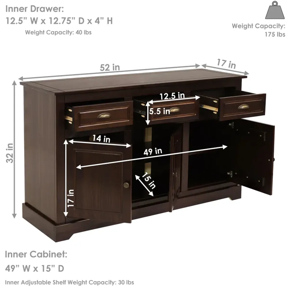 Solid Pine Sideboard with 3 Drawers and 3 Doors