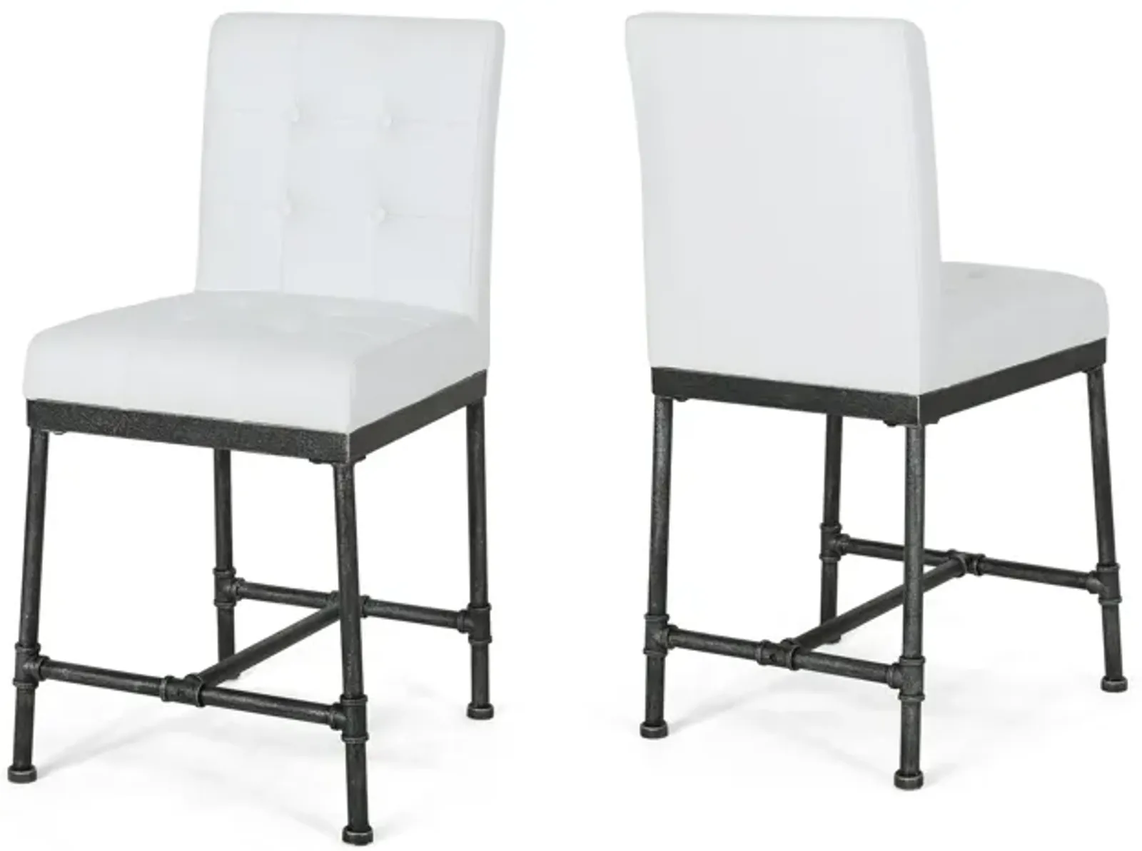 Bruke Counter Height Chair Set of 2, White Tufted Faux Leather, Metal - Benzara