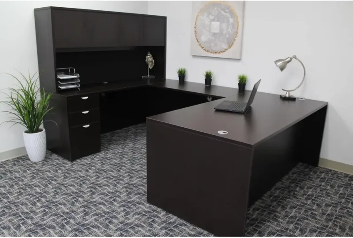 Boss Office Products 66 Inch Executive U-Shape Desk with Box/Box/File Storage Pedestal and 4 door Hutch, Mocha