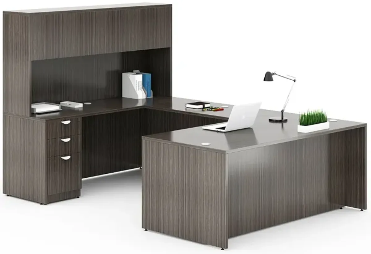 Boss Office Products 66 Inch Executive U-Shape Desk with Box/Box/File Storage Pedestal and 4 door Hutch, Mocha