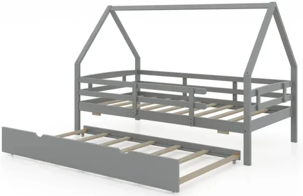 Twin House Bed with Trundle and Safety Fence Rail Ideal Kids' Sleeping Solution