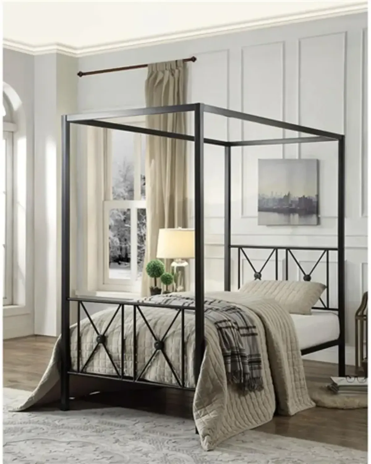 Hivvago Twin size Black Metal Canopy Bed Frame with Medallion Accents