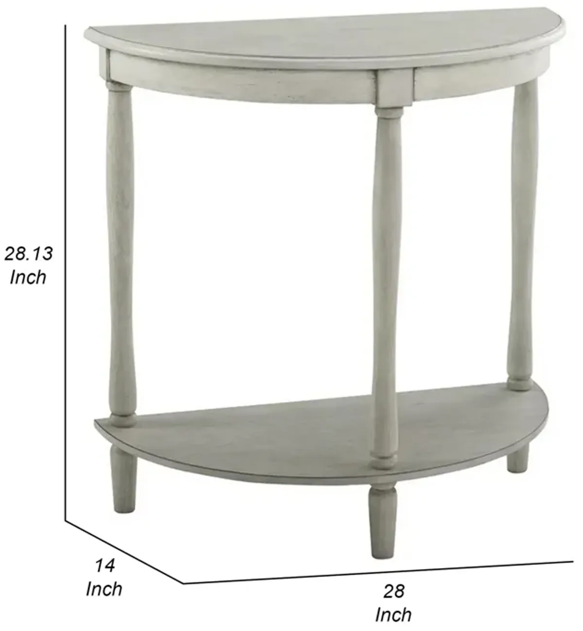 Kiana 28 Inch Side End Table, Bottom Shelf, Semicircle, Antique Gray Wood - Benzara