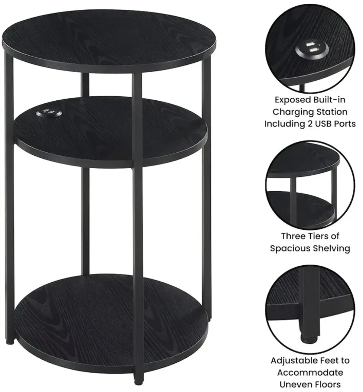 Designs2Go Simon 3 Tier End Table with USB Ports