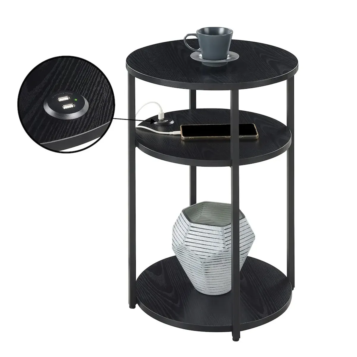 Designs2Go Simon 3 Tier End Table with USB Ports