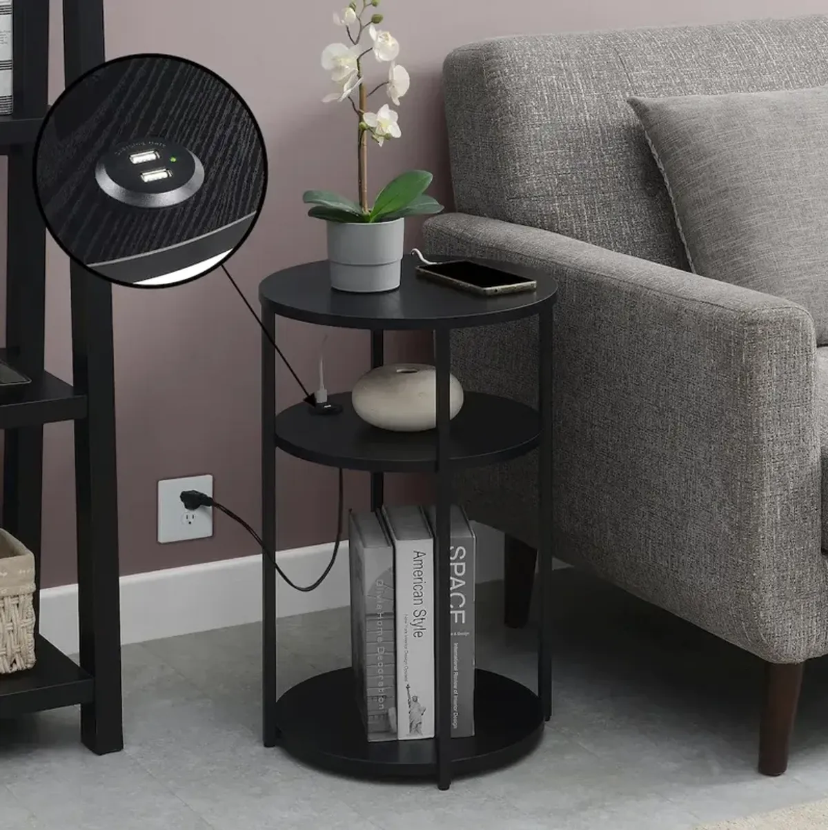 Designs2Go Simon 3 Tier End Table with USB Ports