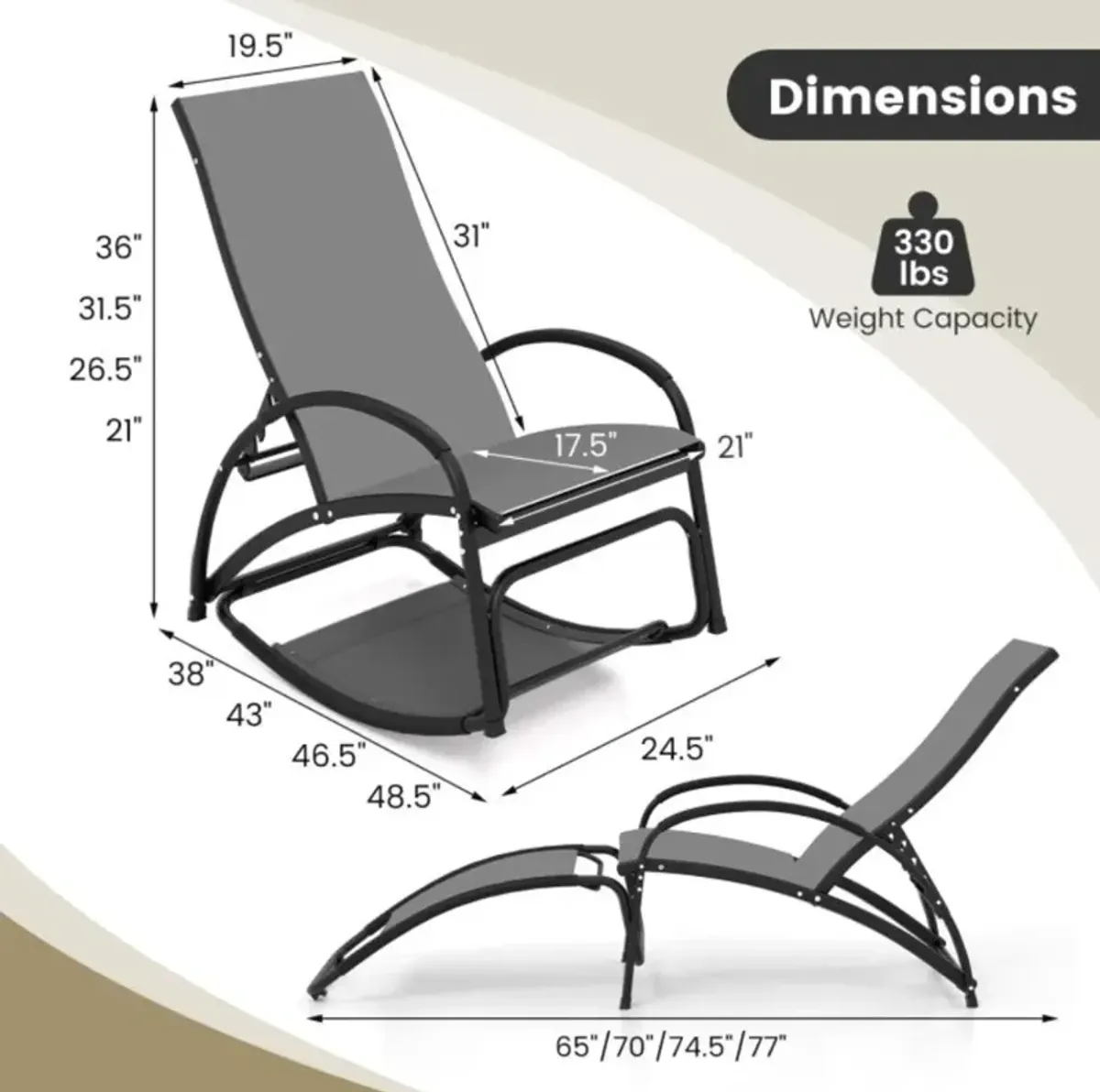 Hivvago 2-in-1 Outdoor Rocking Chair with 4-Position Adjustable Backrest for Patio Porch Poolside