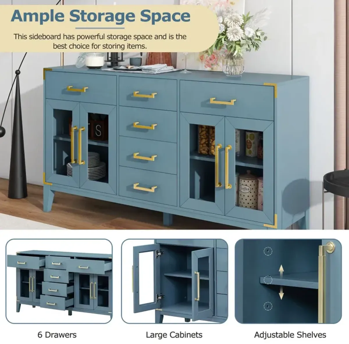 6-drawer 2-cabinet sideboard in antique blue