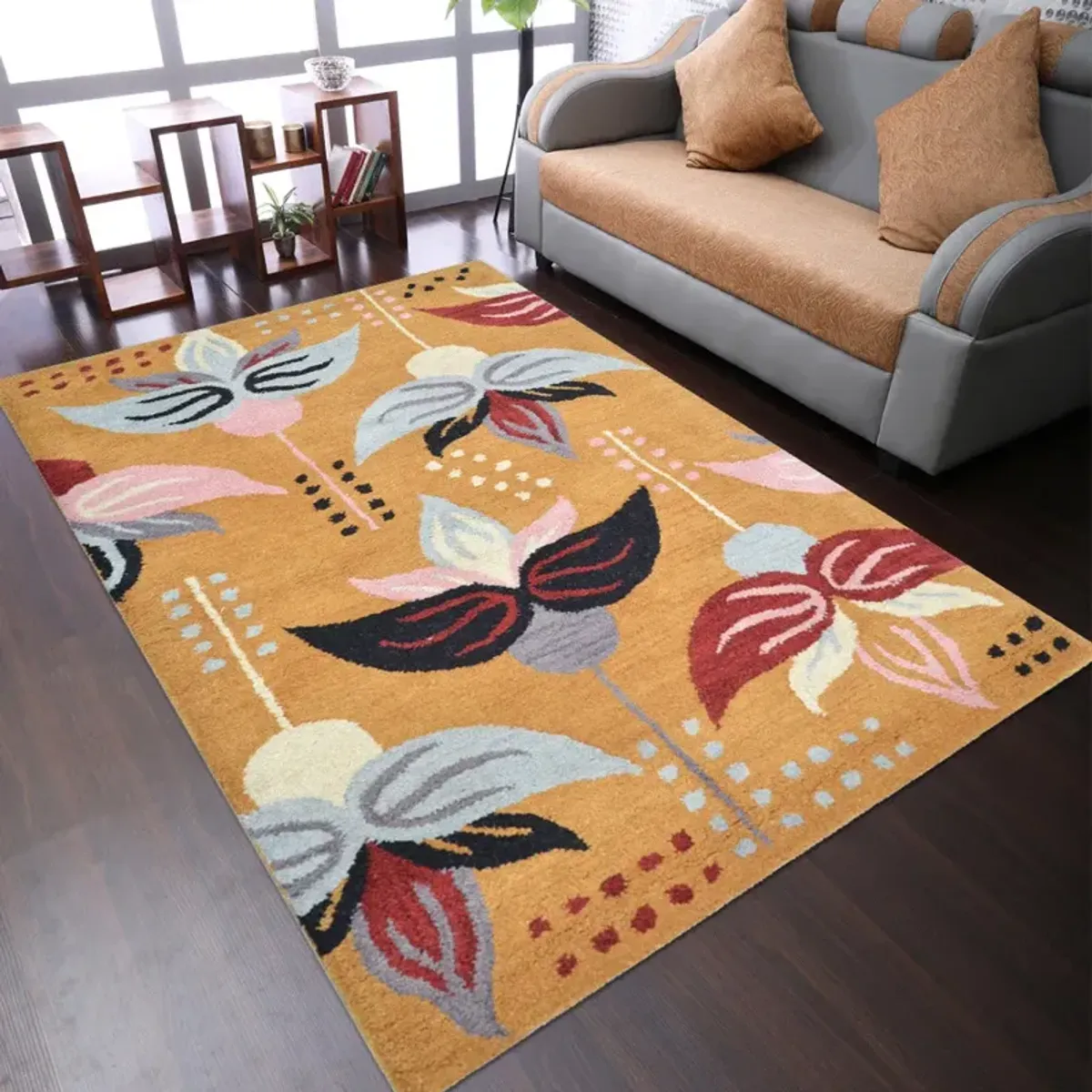 RUGSOTIC CARPETS HAND TUFTED WOOL ECO-FRIENDLY AREA RUGS  - 8'x11', Rectangle Shape, Gold, Floral Modern Design, High Pile Thick Handmade Anti Skid Area Rugs for Living Room, Bed Room (K00669)