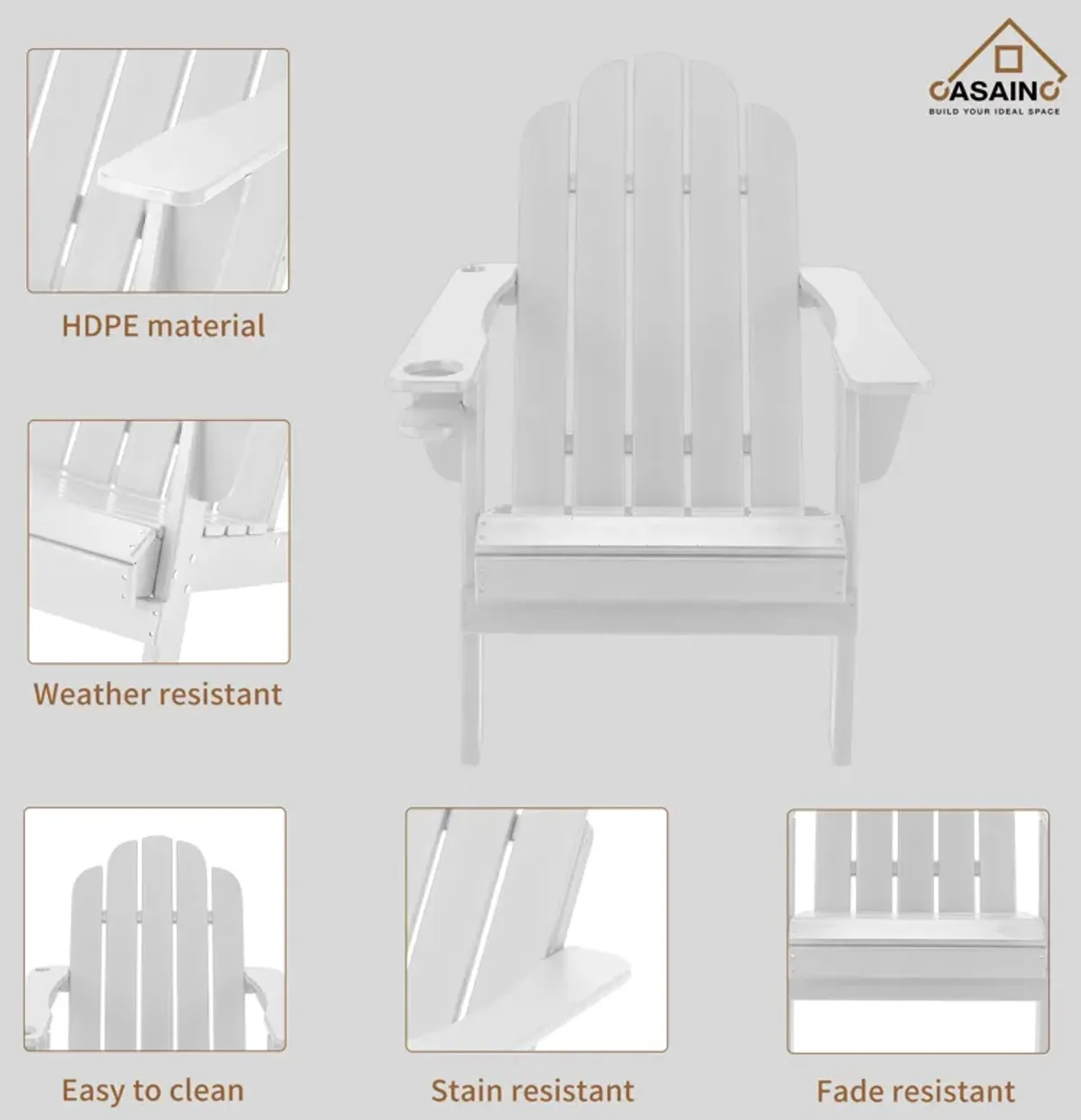 Traditional Curveback Plastic Patio Adirondack Chair with Cup Holder and umbrella holder Outdoor