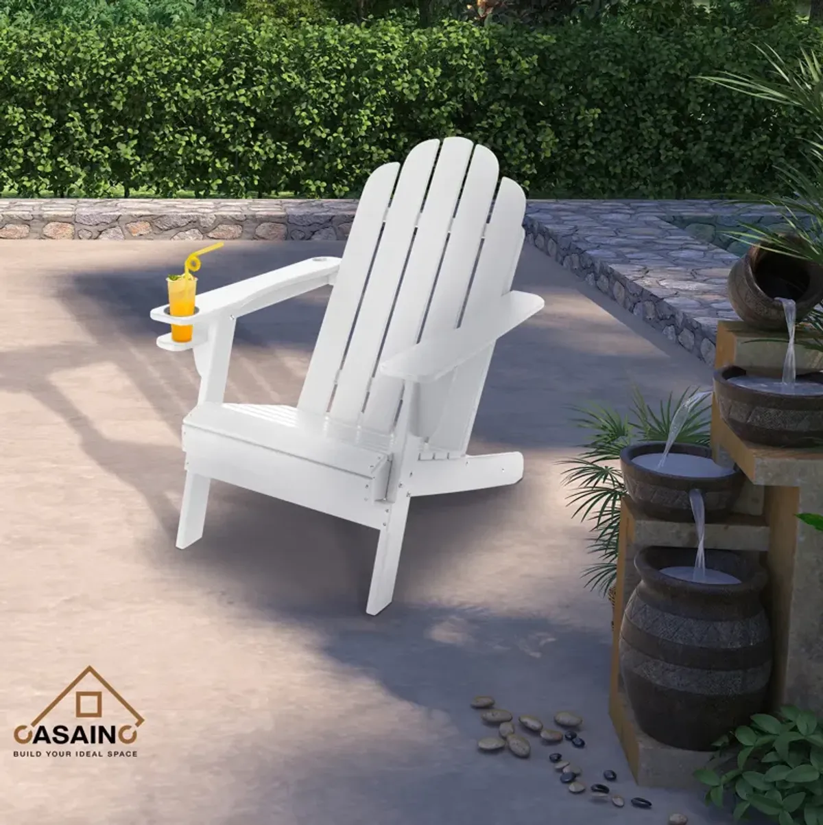 Traditional Curveback Plastic Patio Adirondack Chair with Cup Holder and umbrella holder Outdoor