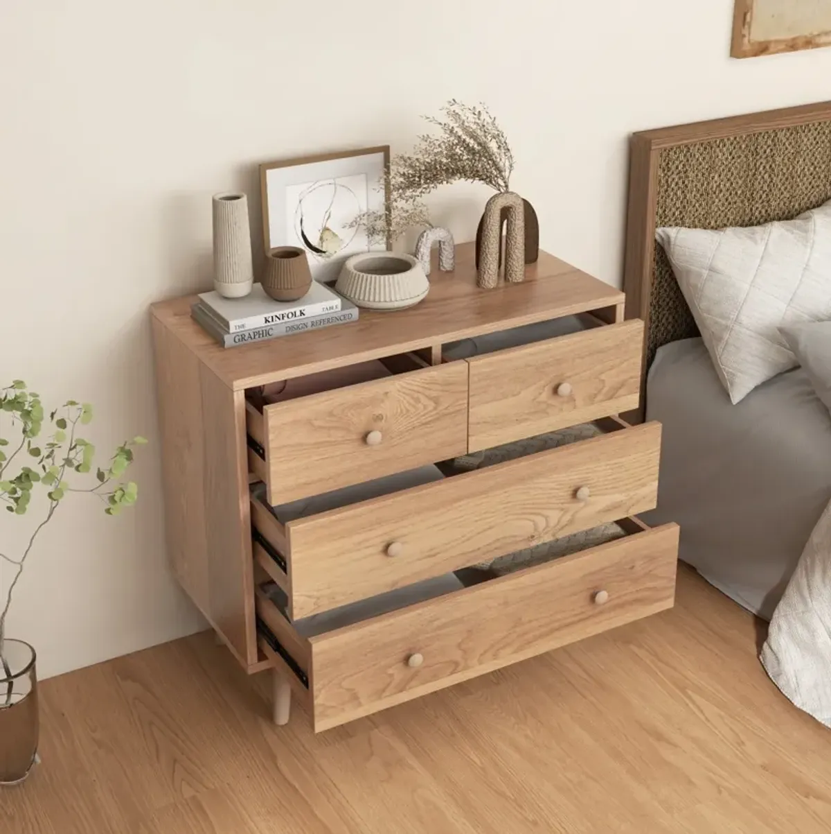 4-Drawer Dresser Cabinet Storage Organizer Rubber Leg with Rail-Brown