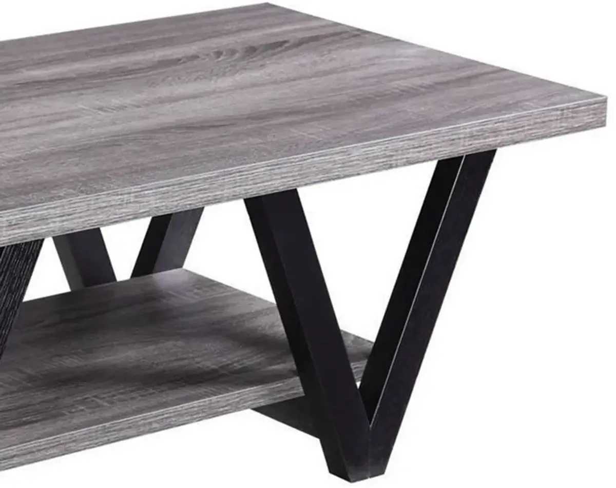 Zigzag Contemporary Solid Wooden Coffee Table With Bottom Shelf, Gray And Black-Benzara