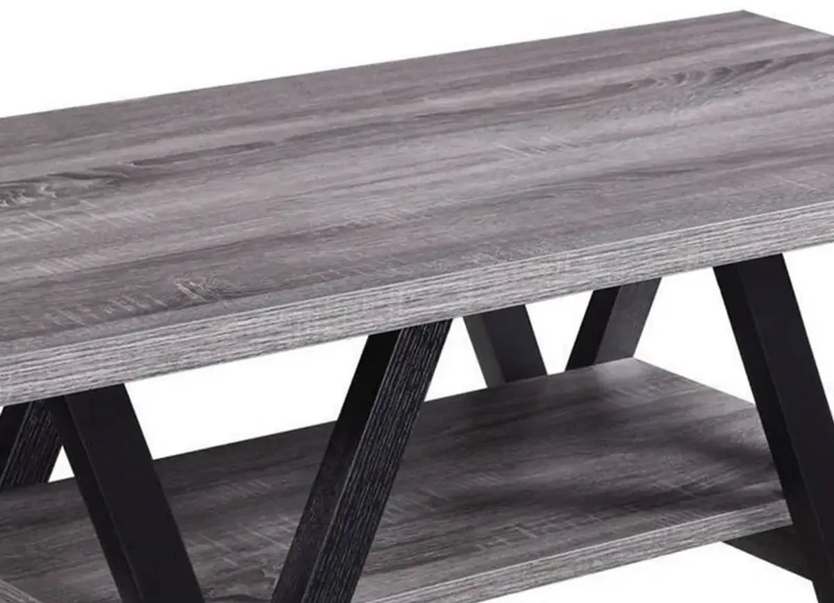 Zigzag Contemporary Solid Wooden Coffee Table With Bottom Shelf, Gray And Black-Benzara