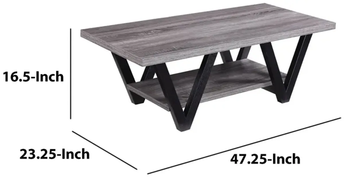 Zigzag Contemporary Solid Wooden Coffee Table With Bottom Shelf, Gray And Black-Benzara