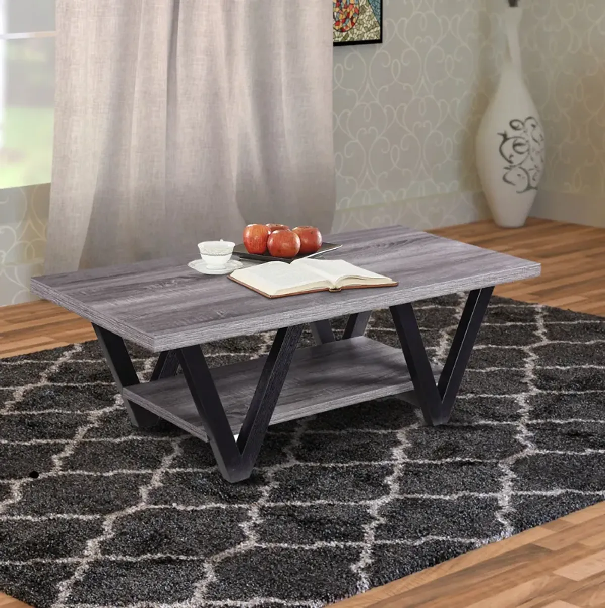 Zigzag Contemporary Solid Wooden Coffee Table With Bottom Shelf, Gray And Black-Benzara