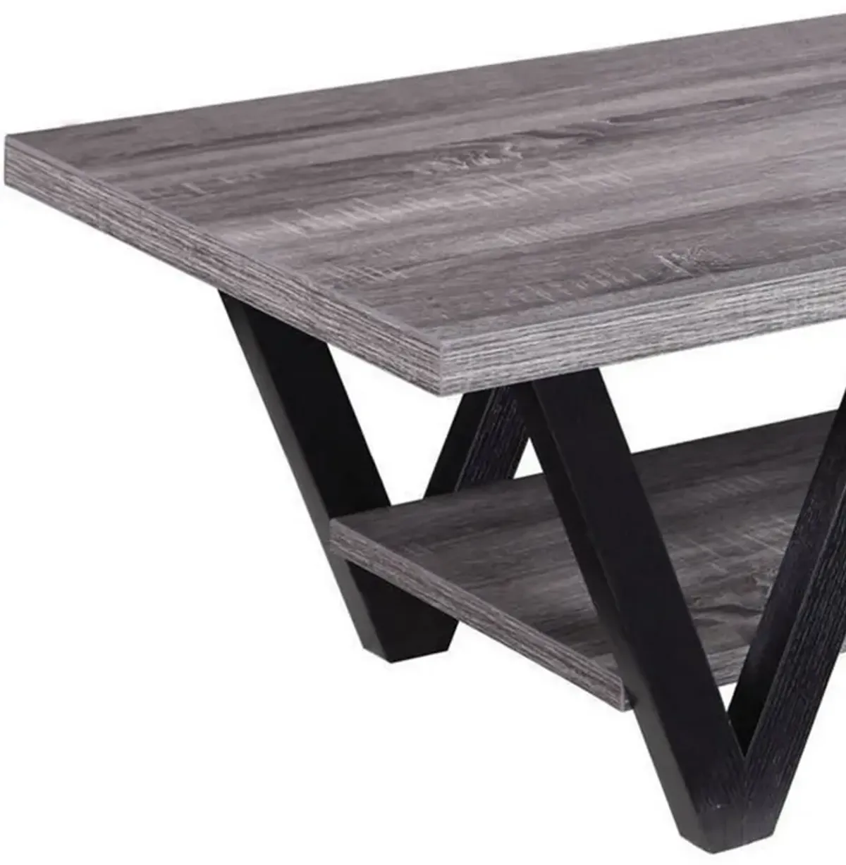 Zigzag Contemporary Solid Wooden Coffee Table With Bottom Shelf, Gray And Black-Benzara