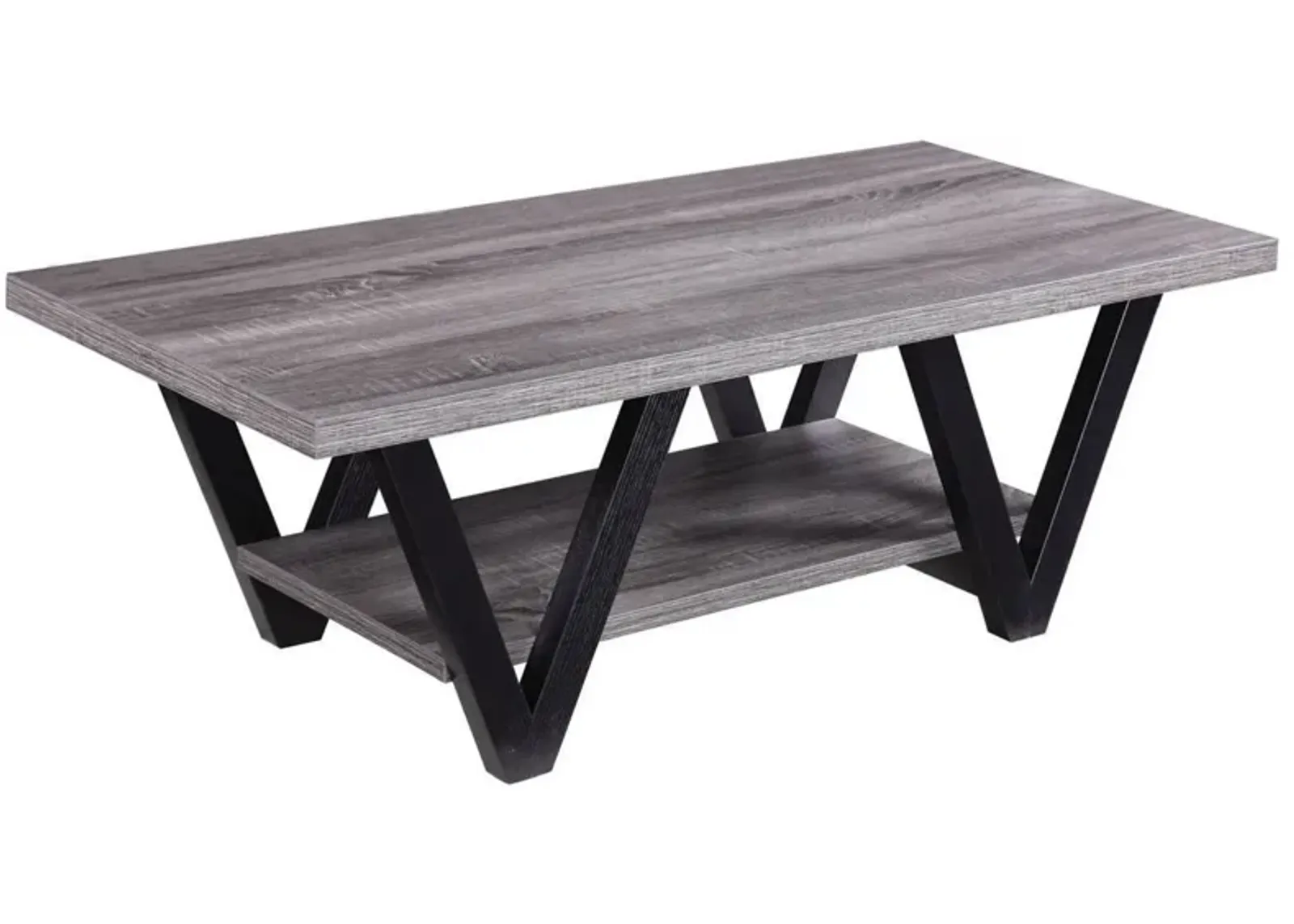 Zigzag Contemporary Solid Wooden Coffee Table With Bottom Shelf, Gray And Black-Benzara