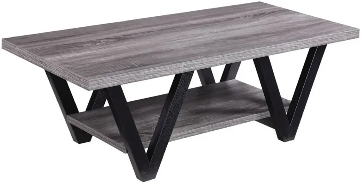 Zigzag Contemporary Solid Wooden Coffee Table With Bottom Shelf, Gray And Black-Benzara