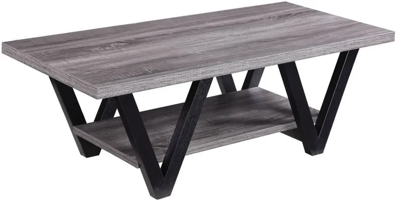 Zigzag Contemporary Solid Wooden Coffee Table With Bottom Shelf, Gray And Black-Benzara