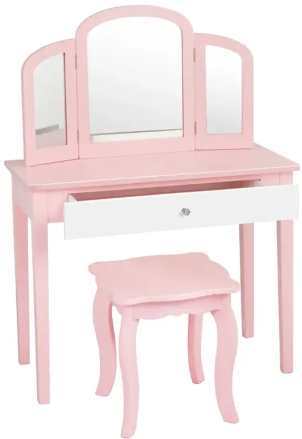 Kids Princess Make Up Dressing Table with Tri-folding Mirror and Chair-Pink