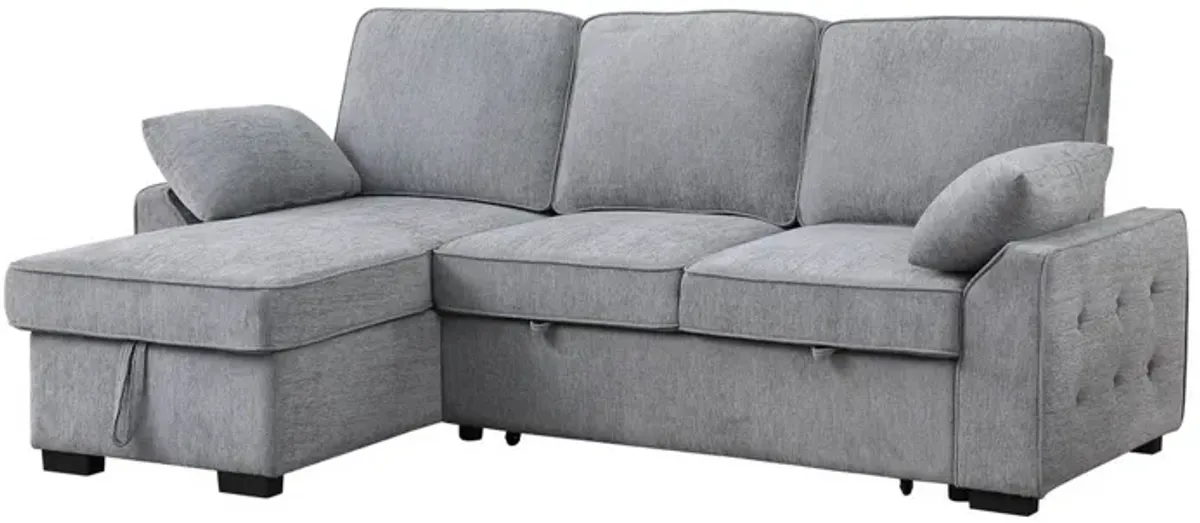 Ken 91 Inch Sectional Sofa, Drop Table, Storage Chaise, Light Gray Chenille - Benzara