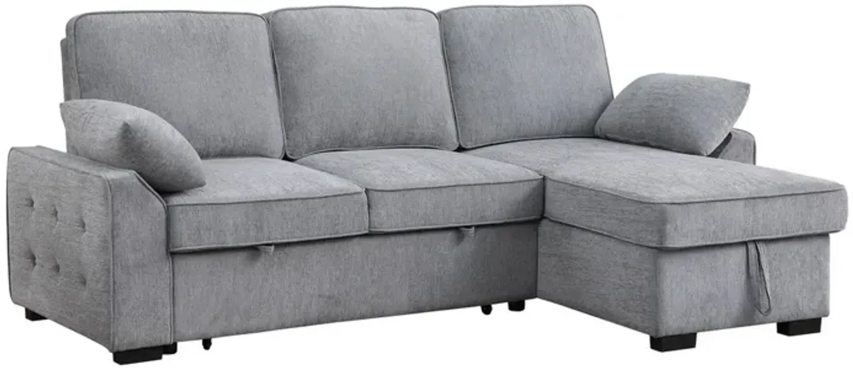 Ken 91 Inch Sectional Sofa, Drop Table, Storage Chaise, Light Gray Chenille - Benzara