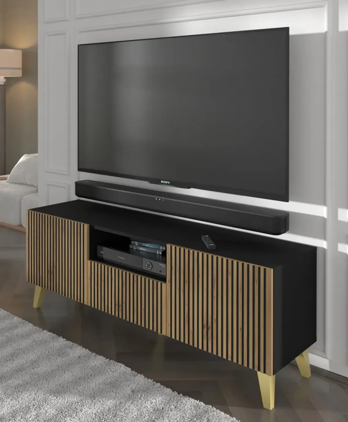 TV Stand RAVENNA F 59'' 2D1S Milled MDF Fronts Black Matt / Natural Artisan Oak