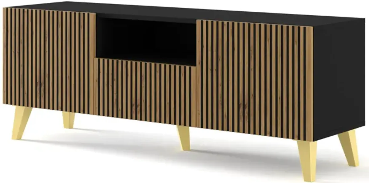 TV Stand RAVENNA F 59'' 2D1S Milled MDF Fronts Black Matt / Natural Artisan Oak