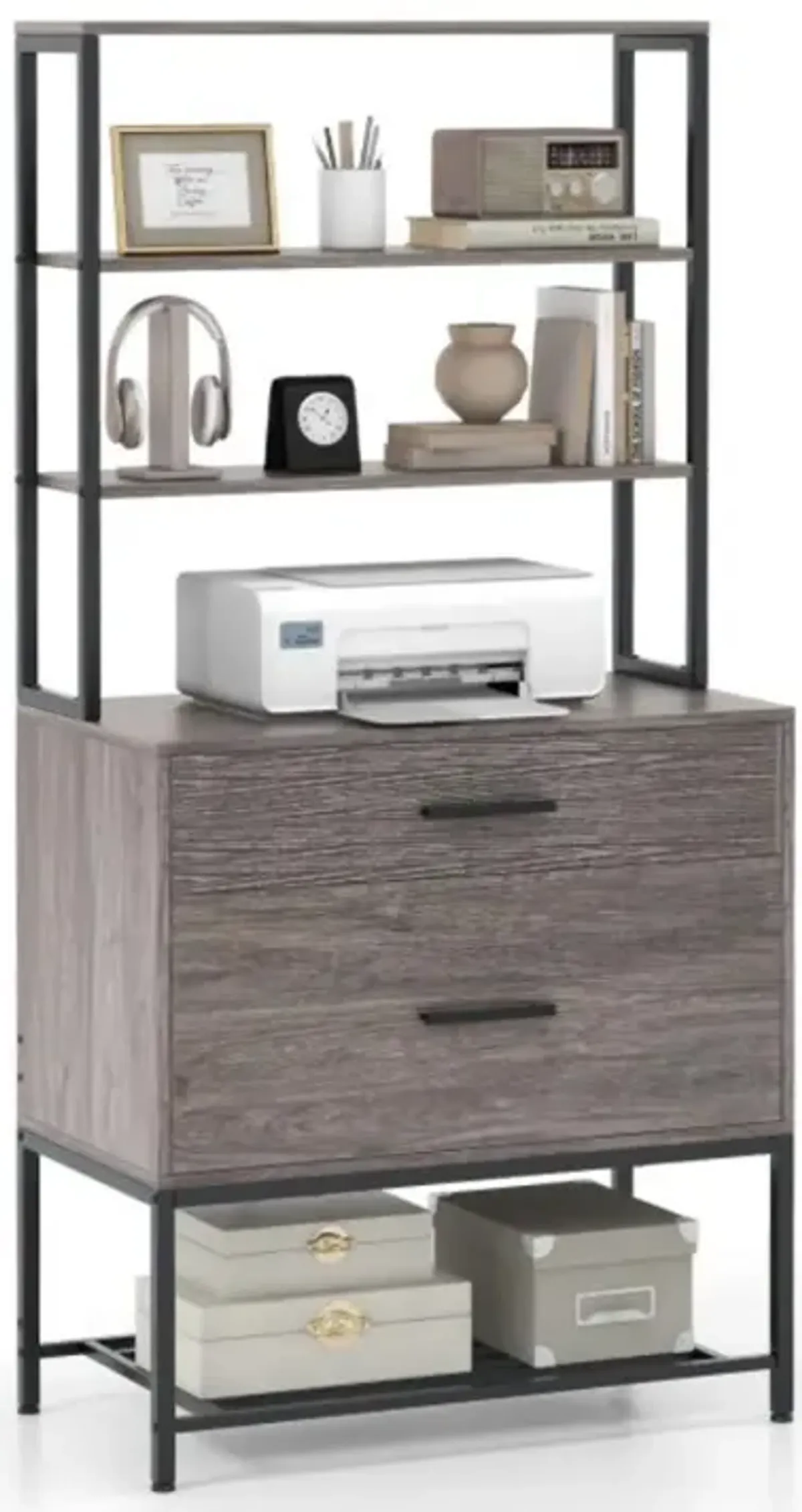 Freestanding File Cabinet with Charging Station and 3-Tier Open Shelves