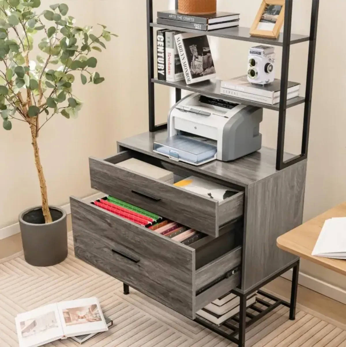 Freestanding File Cabinet with Charging Station and 3-Tier Open Shelves