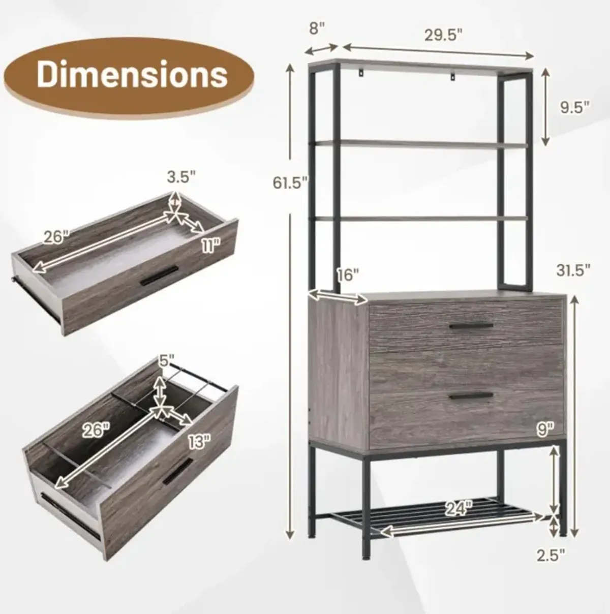 Freestanding File Cabinet with Charging Station and 3-Tier Open Shelves