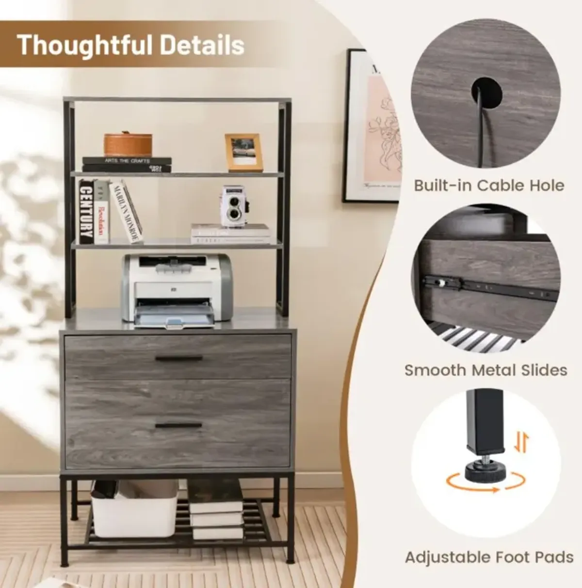 Freestanding File Cabinet with Charging Station and 3-Tier Open Shelves