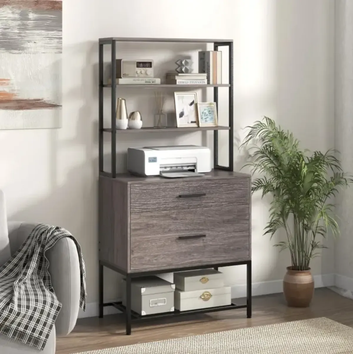 Freestanding File Cabinet with Charging Station and 3-Tier Open Shelves