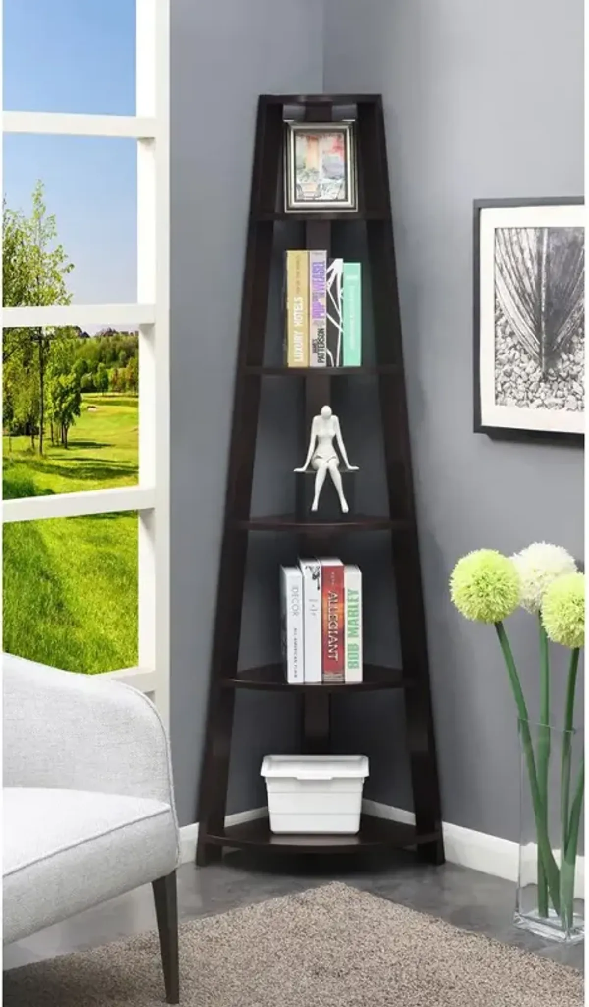 Convenience Concepts Newport 5 Tier Corner Bookshelf Espresso