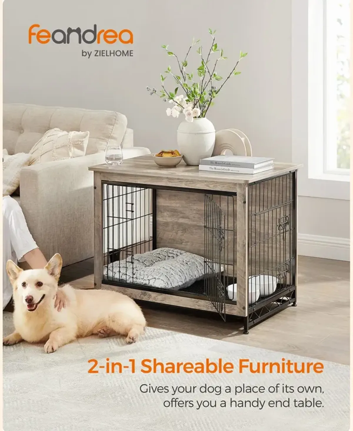 Wooden Dog Crate End Table - Indoor Pet Crate with Removable Tray