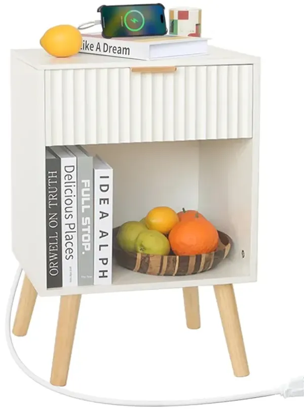 Fultyle White Nightstand with Charging Station, Mid Century Modern Bedside Table with Drawers and Outlet,Side Tables Living Room