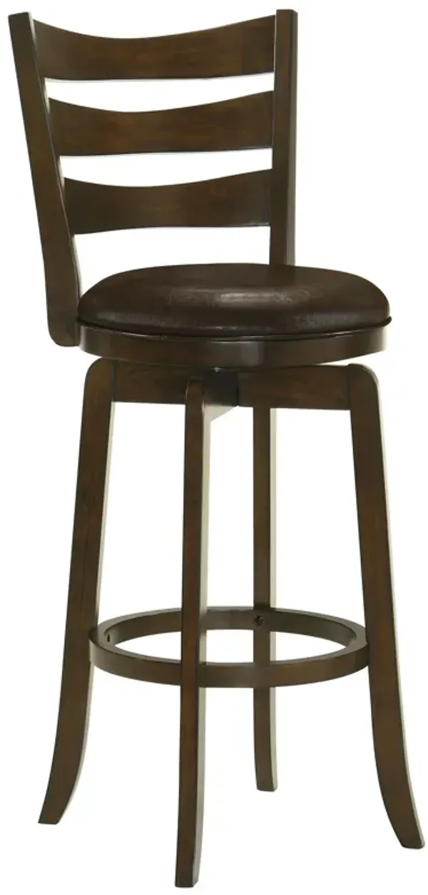 Mona Swivel Barstool Chair, Dark Brown Faux Leather, Cherry Brown Wood - Benzara