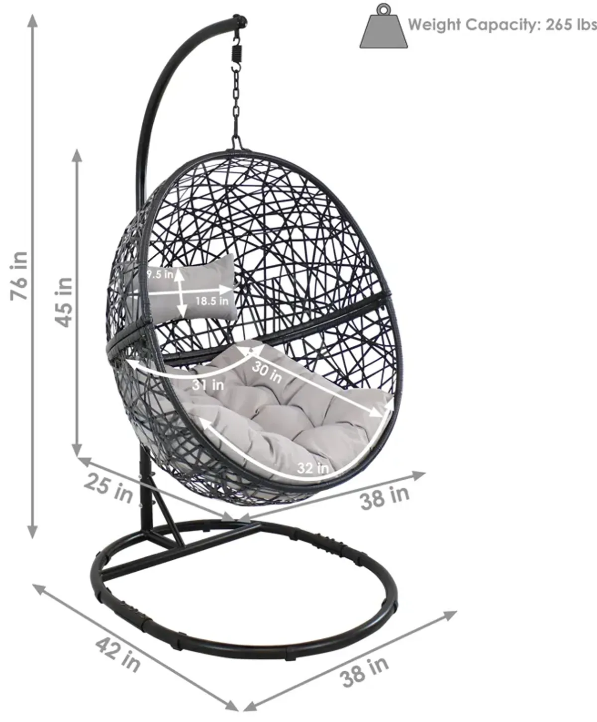 Sunnydaze Resin Wicker Hanging Egg Chair with Steel Stand/Cushion