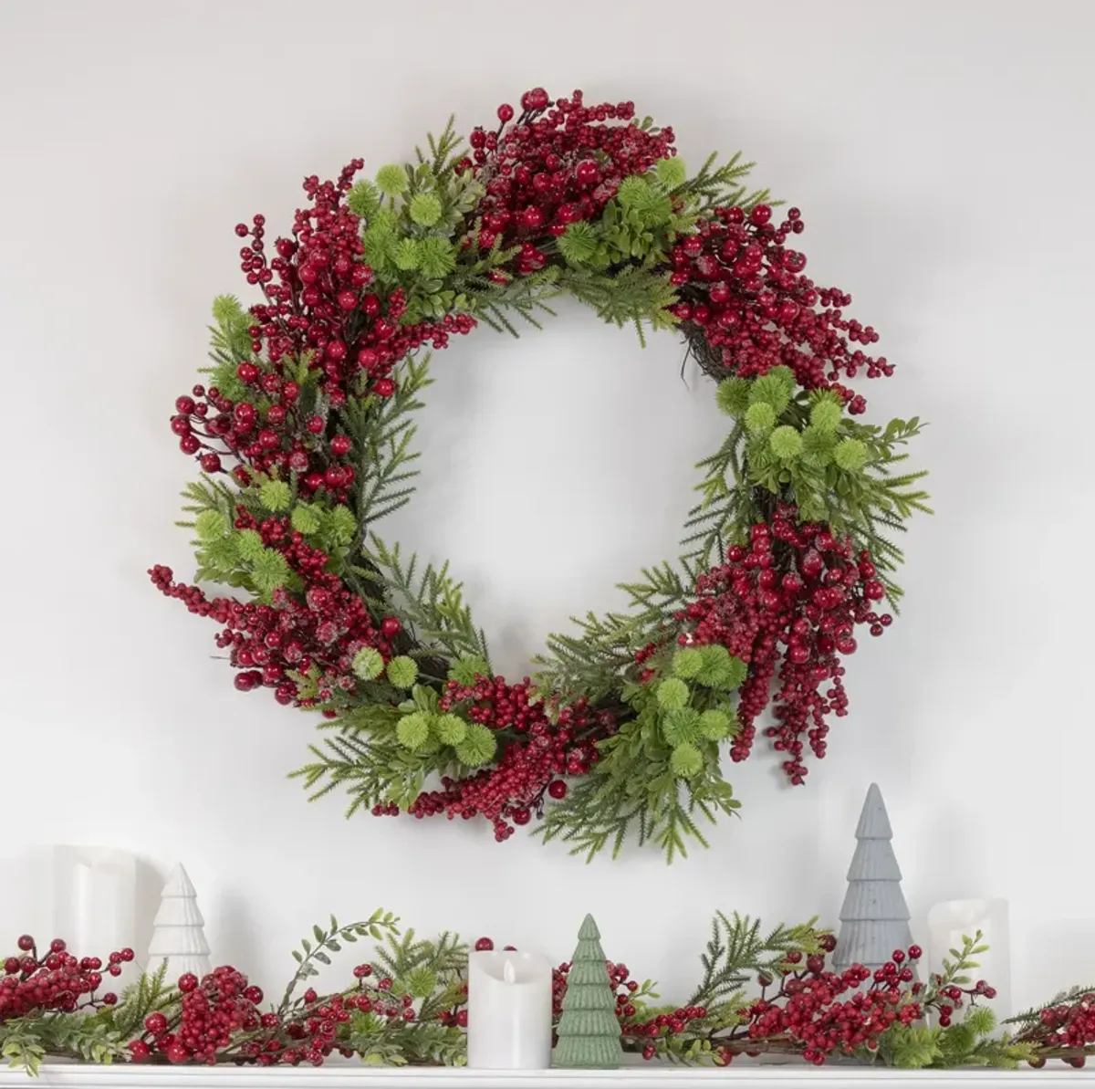 5' x 8" Frosted Pine and Red Berry Christmas Garland - Unlit